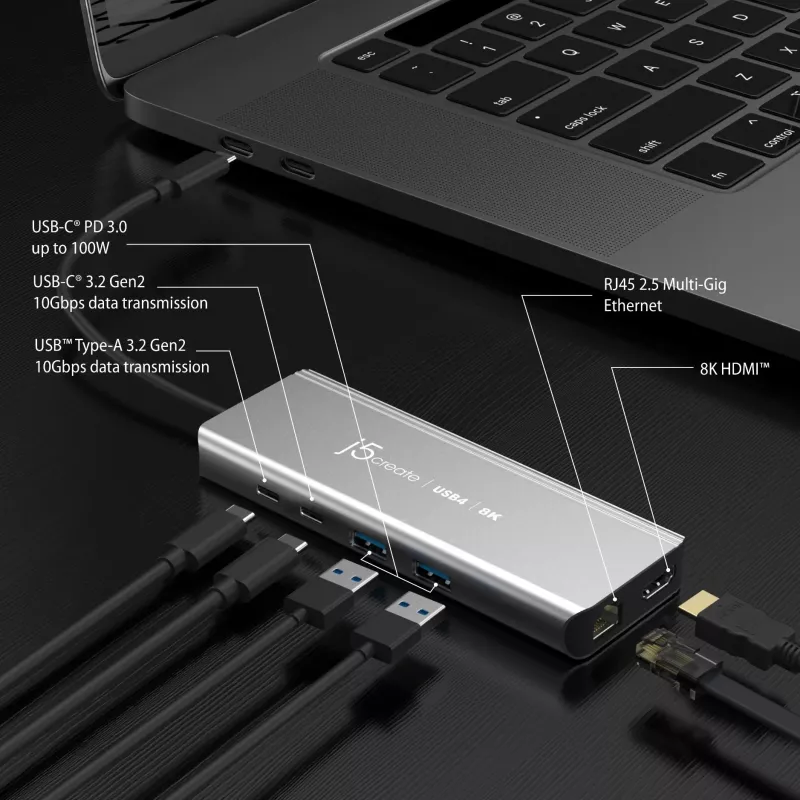 j5create JCD403 USB4 8K vairāku pieslēgvietu centrmezgls USB-C HDMI RJ-45