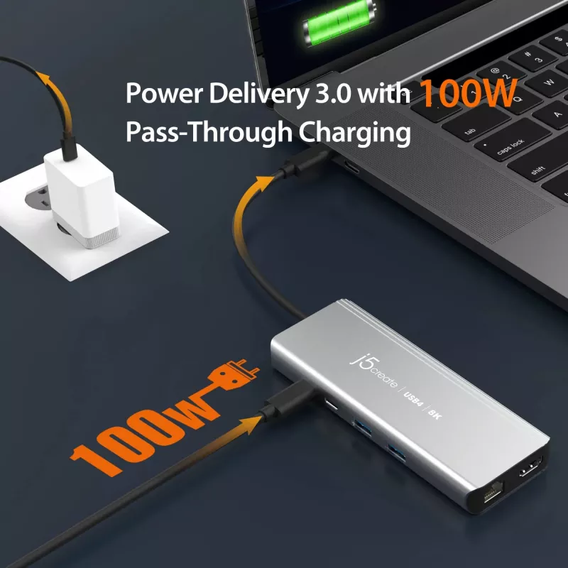 j5create JCD403 USB4 8K vairāku pieslēgvietu centrmezgls USB-C HDMI RJ-45