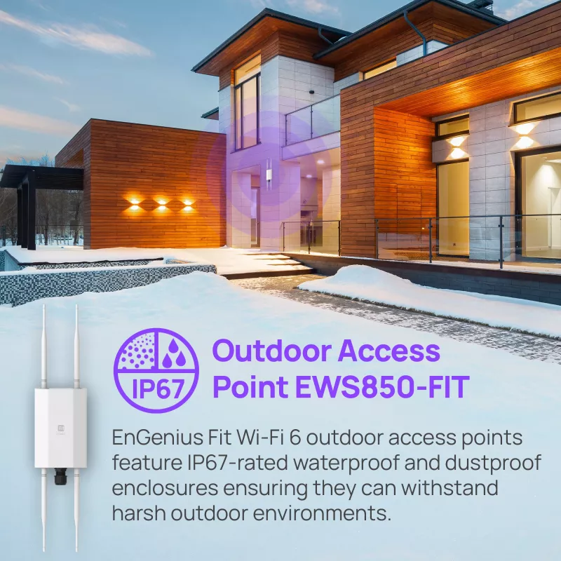 Bezvadu piekļuves punkts EnGenius Fit6 2×2 Outdoor — divu joslu 2,4/5 GHz, 1774 Mbps, PoE, 2,5 GbE LAN, 4 antenas, balts
