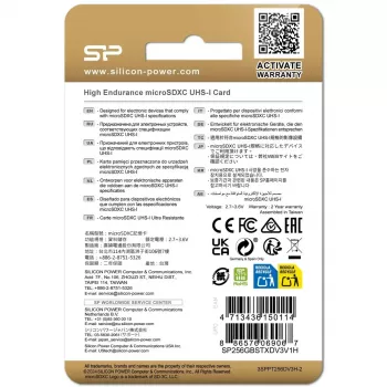 MicroSDXC karte Silicon Power SP256GBSTXDV3V1HSP 256 GB Class 10 High Endurance, 3,6 V, 0–70 °C