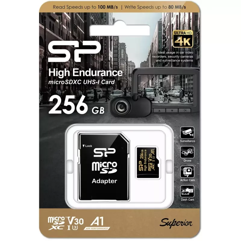 MicroSDXC karte Silicon Power SP256GBSTXDV3V1HSP 256 GB Class 10 High Endurance, 3,6 V, 0–70 °C