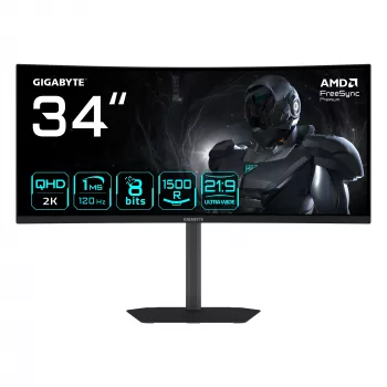 GIGABYTE GS34WQCA 34 collu WQHD izliekts spēļu monitors – 3440 x 1440, 1500R, 120 Hz, 1 ms, 300 cd/m², FreeSync Premium, HDR Ready, HDMI 2.0, DisplayPort 1.4