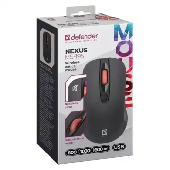 Bezvadu RF klusā optiskā pele DEFENDER Nexus MS-195 — 1600 DPI, 2,4 GHz, Nano USB, piemērota abām rokām, 2×AAA, melna