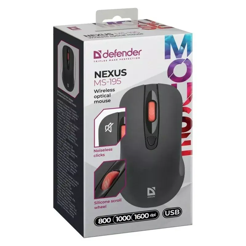 Bezvadu RF klusā optiskā pele DEFENDER Nexus MS-195 — 1600 DPI, 2,4 GHz, Nano USB, piemērota abām rokām, 2×AAA, melna