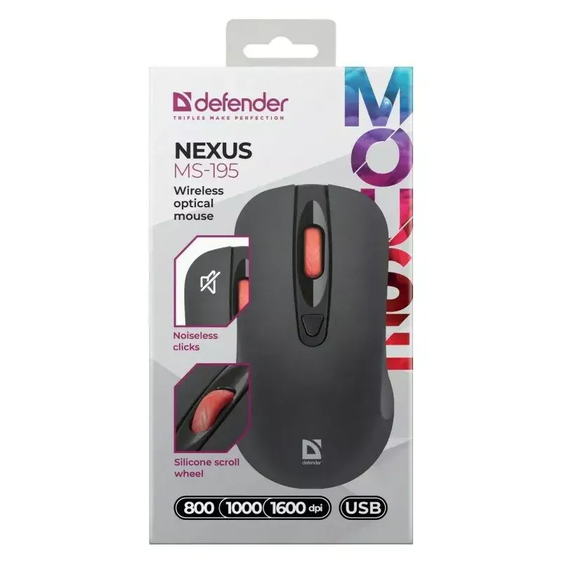 Bezvadu RF klusā optiskā pele DEFENDER Nexus MS-195 — 1600 DPI, 2,4 GHz, Nano USB, piemērota abām rokām, 2×AAA, melna