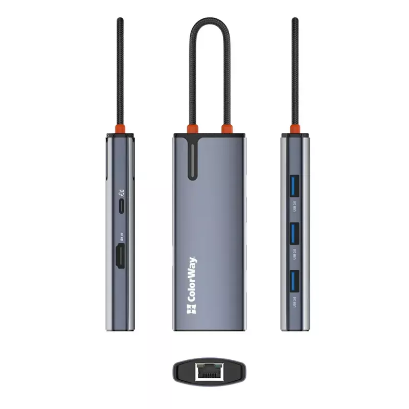 Dokstacija ColorWay CW-HUB02 6-in-1 100W — daudzportu centrmezgls ar strāvas padevi