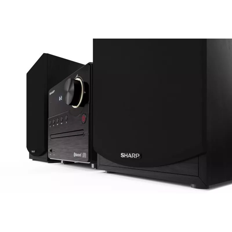 Mājas audio mikrosistēma Sharp XL-B512(BK) — 45 W, viens optisko disku atskaņotājs, FM radio, MP3, banānu tipa skaļruņu savienotāji, melna