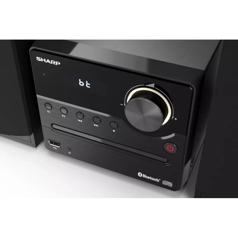 Mājas audio mikrosistēma Sharp XL-B512(BK) — 45 W, viens optisko disku atskaņotājs, FM radio, MP3, banānu tipa skaļruņu savienotāji, melna
