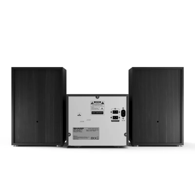 Mājas audio mikrosistēma Sharp XL-B512(BK) — 45 W, viens optisko disku atskaņotājs, FM radio, MP3, banānu tipa skaļruņu savienotāji, melna