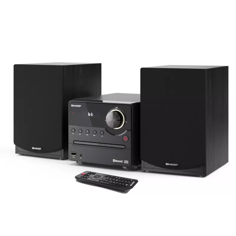 Mājas audio mikrosistēma Sharp XL-B512(BK) — 45 W, viens optisko disku atskaņotājs, FM radio, MP3, banānu tipa skaļruņu savienotāji, melna