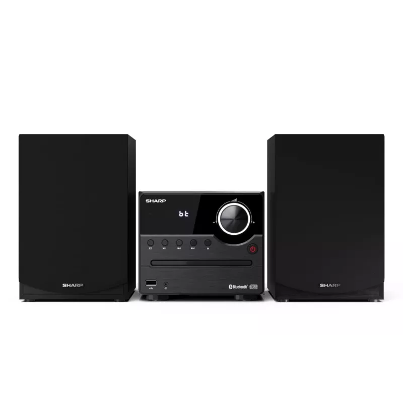 Mājas audio mikrosistēma Sharp XL-B512(BK) — 45 W, viens optisko disku atskaņotājs, FM radio, MP3, banānu tipa skaļruņu savienotāji, melna