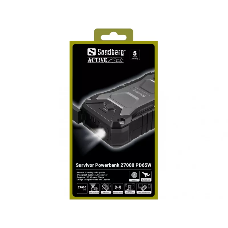 Sandberg Survivor Powerbank 27000 PD65W, 27000 mAh, Power Delivery, Quick Charge 3.0, bezvadu uzlāde, melns