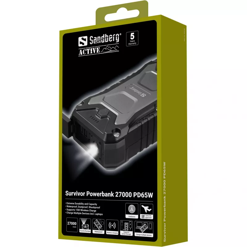 Sandberg Survivor Powerbank 27000 PD65W, 27000 mAh, Power Delivery, Quick Charge 3.0, bezvadu uzlāde, melns