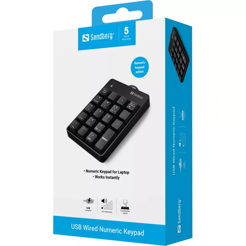 Sandberg USB vadu cipartastatūra, USB, 19, klēpjdators/dators, 1.5 m, melna