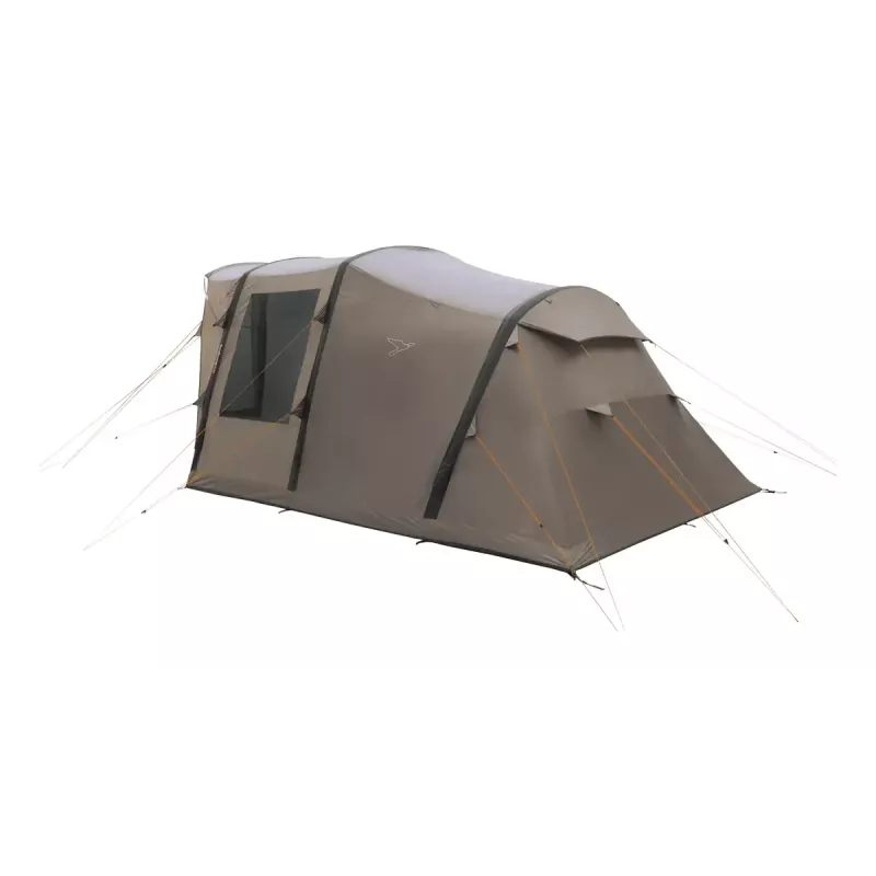 Tuneļa telts easy camp Senja 4 Air — 4 vietīga, ciets karkass, 3 m ūdensizturīgs lietus pārklājs, 460×260×195 cm, brūna