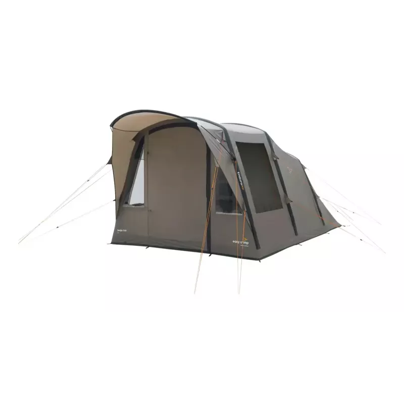 Tuneļa telts easy camp Senja 4 Air — 4 vietīga, ciets karkass, 3 m ūdensizturīgs lietus pārklājs, 460×260×195 cm, brūna