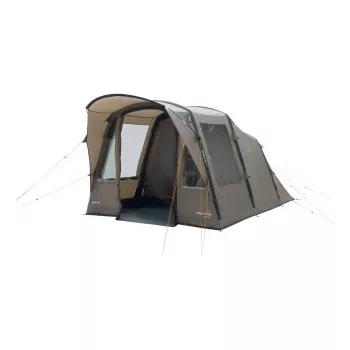 Tuneļa telts easy camp Senja 4 Air — 4 vietīga, ciets karkass, 3 m ūdensizturīgs lietus pārklājs, 460×260×195 cm, brūna