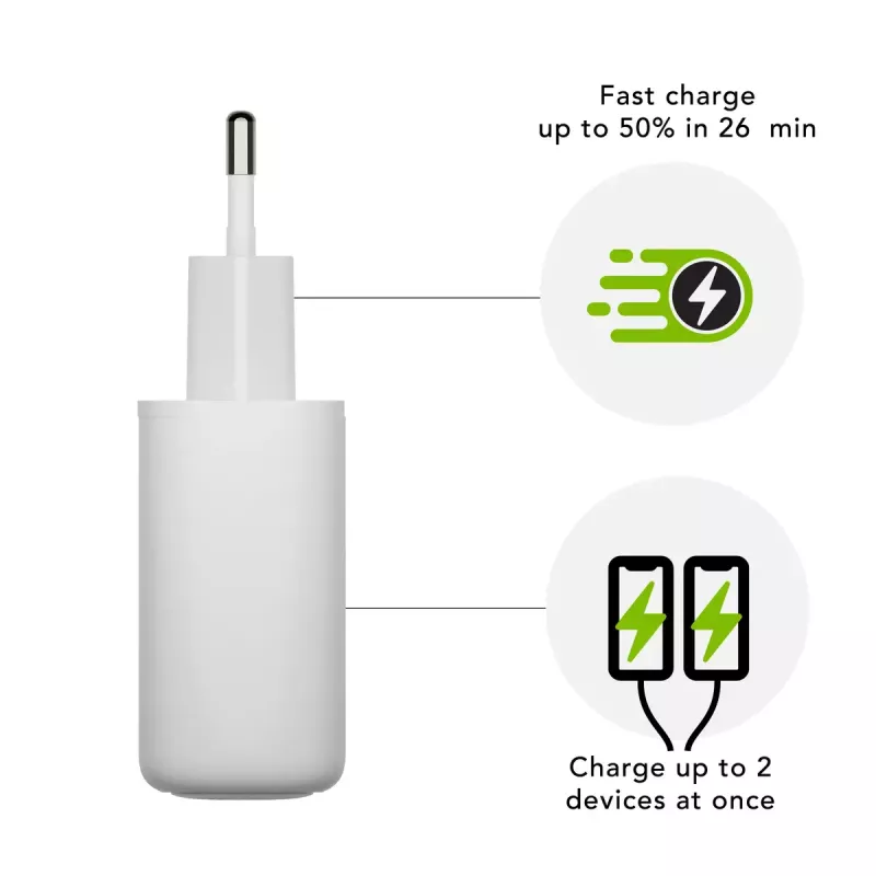 d bramante re-charge Pro sienas lādētājs — 2× USB-C 25W, 110–240V, balts