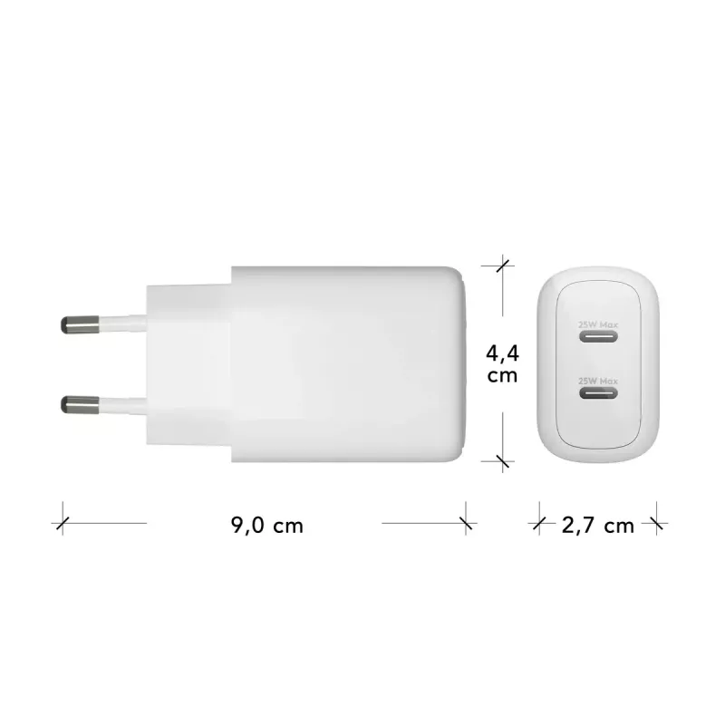 d bramante re-charge Pro sienas lādētājs — 2× USB-C 25W, 110–240V, balts