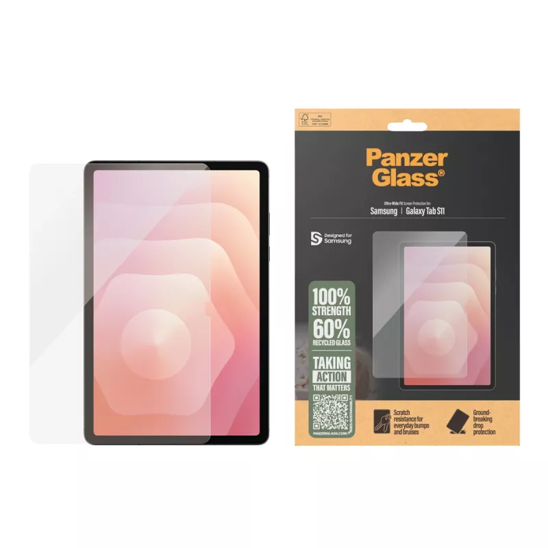 PanzerGlass ekrāna aizsargs Samsung Galaxy Tab S11 — Rūdīts stikls, PET, Silikons, Ultra‑Wide Fit, Caurspīdīgs