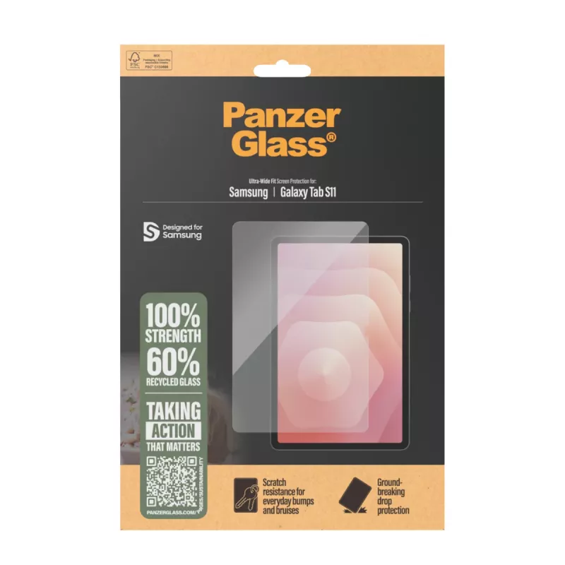 PanzerGlass ekrāna aizsargs Samsung Galaxy Tab S11 — Rūdīts stikls, PET, Silikons, Ultra‑Wide Fit, Caurspīdīgs
