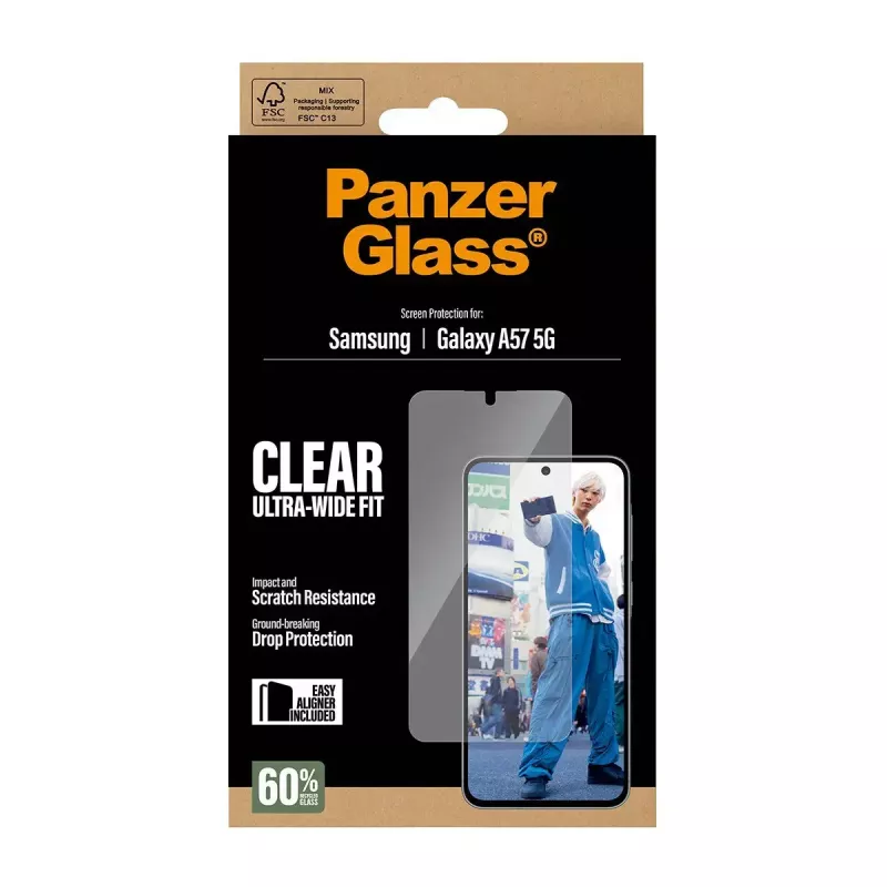 Ekrāna aizsargs PanzerGlass Ultra-Wide Fit priekš Samsung Galaxy A57 5G — caurspīdīgs, izturīgs pret skrāpējumiem