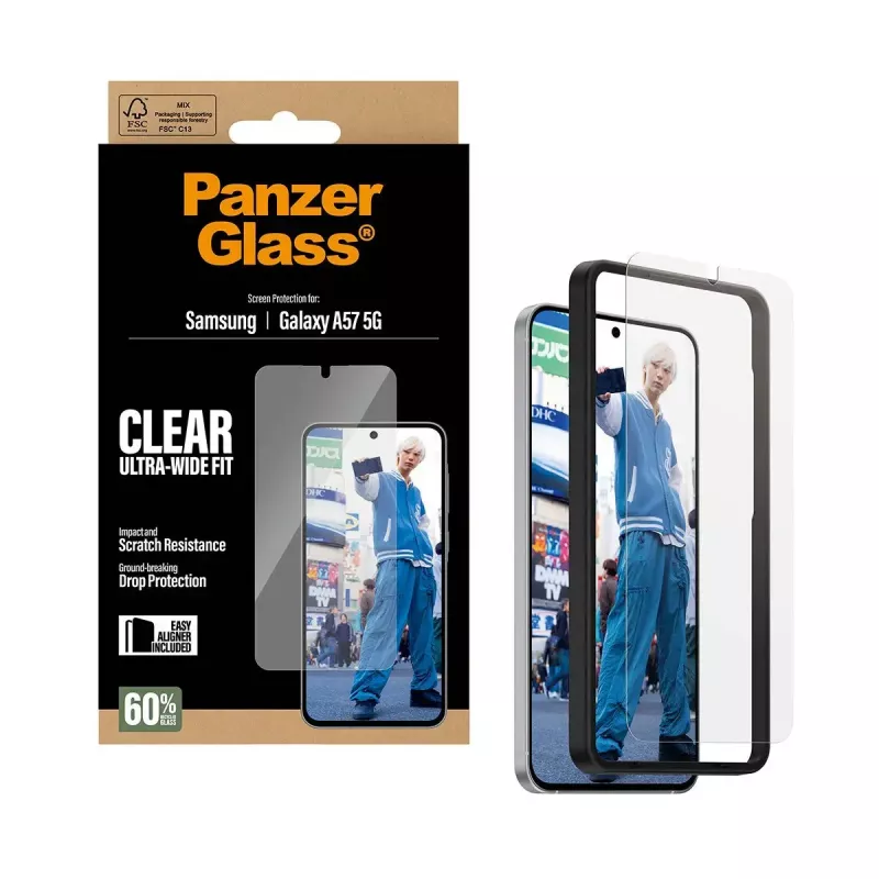 Ekrāna aizsargs PanzerGlass Ultra-Wide Fit priekš Samsung Galaxy A57 5G — caurspīdīgs, izturīgs pret skrāpējumiem