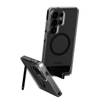 PanzerGlass CARE™ Urban Explorer vāciņš Samsung Galaxy S26 Ultra — caurspīdīgs vāciņš ar melnu atbalsta kājiņu un Qi atbalstu