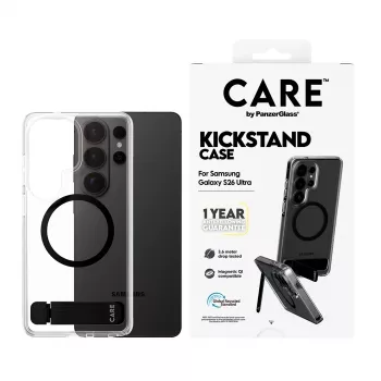 PanzerGlass CARE™ Urban Explorer vāciņš Samsung Galaxy S26 Ultra — caurspīdīgs vāciņš ar melnu atbalsta kājiņu un Qi atbalstu