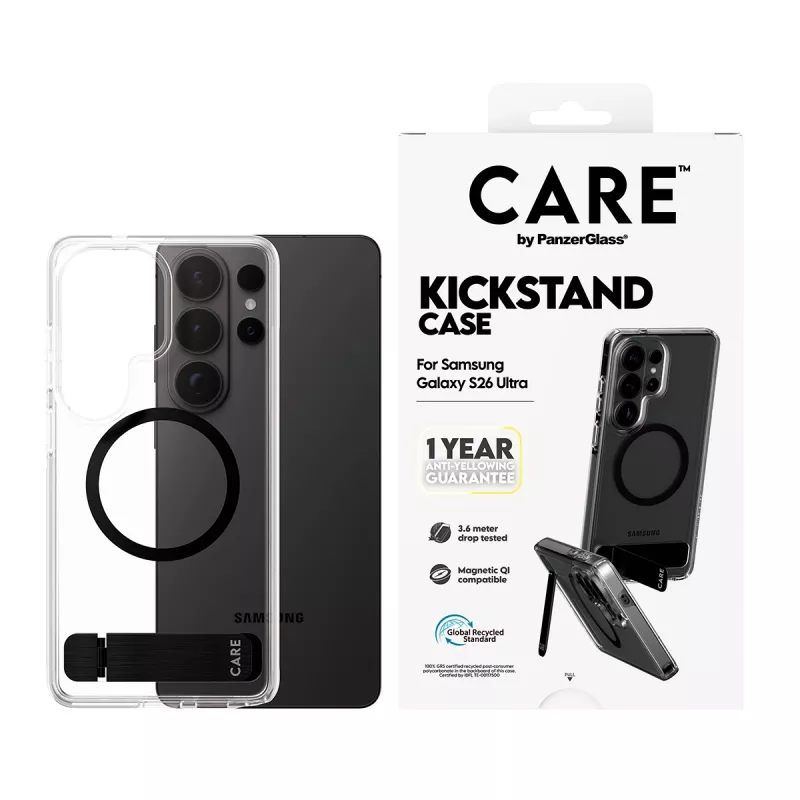 PanzerGlass CARE™ Urban Explorer vāciņš Samsung Galaxy S26 Ultra — caurspīdīgs vāciņš ar melnu atbalsta kājiņu un Qi atbalstu