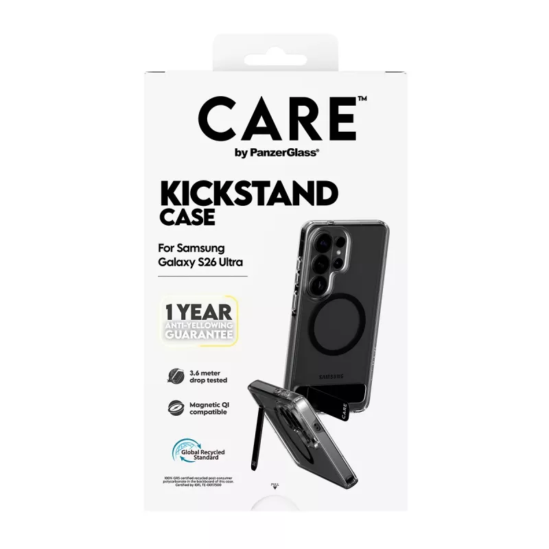 PanzerGlass CARE™ Urban Explorer vāciņš Samsung Galaxy S26 Ultra — caurspīdīgs vāciņš ar melnu atbalsta kājiņu un Qi atbalstu