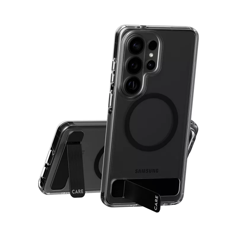 PanzerGlass CARE™ Urban Explorer vāciņš Samsung Galaxy S26 Ultra — caurspīdīgs vāciņš ar melnu atbalsta kājiņu un Qi atbalstu