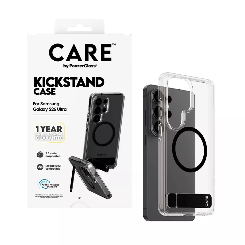 PanzerGlass CARE™ Urban Explorer vāciņš Samsung Galaxy S26 Ultra — caurspīdīgs vāciņš ar melnu atbalsta kājiņu un Qi atbalstu
