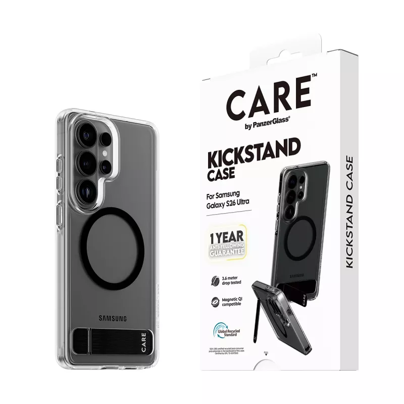 PanzerGlass CARE™ Urban Explorer vāciņš Samsung Galaxy S26 Ultra — caurspīdīgs vāciņš ar melnu atbalsta kājiņu un Qi atbalstu