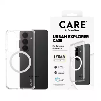PanzerGlass CARE™ Urban Explorer vāciņš Samsung Galaxy S26 — caurspīdīgs vāciņš ar Qi atbalstu