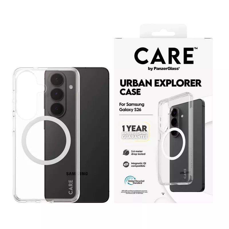 PanzerGlass CARE™ Urban Explorer vāciņš Samsung Galaxy S26 — caurspīdīgs vāciņš ar Qi atbalstu