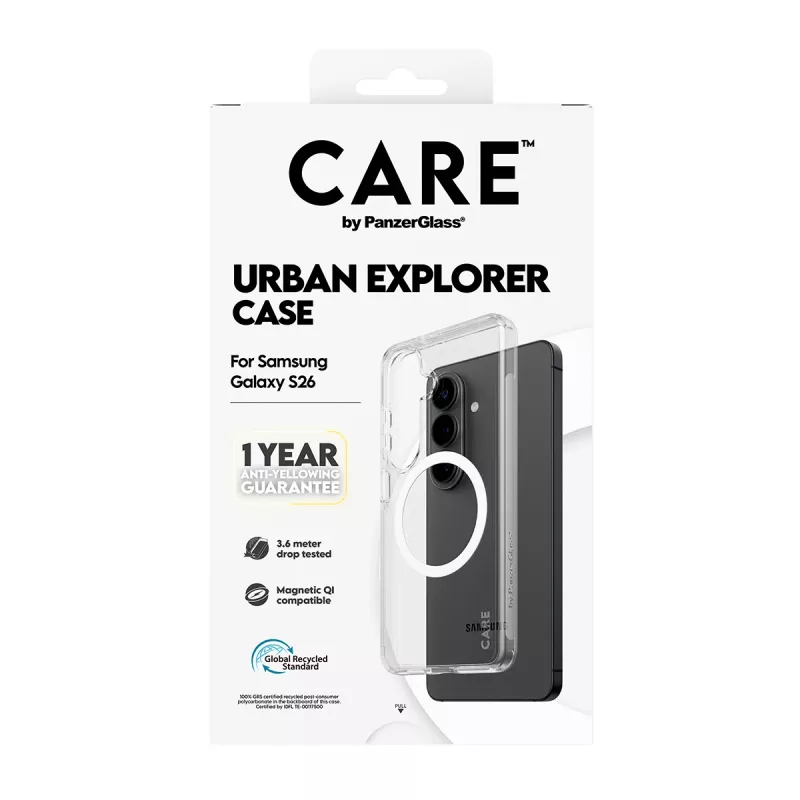 PanzerGlass CARE™ Urban Explorer vāciņš Samsung Galaxy S26 — caurspīdīgs vāciņš ar Qi atbalstu