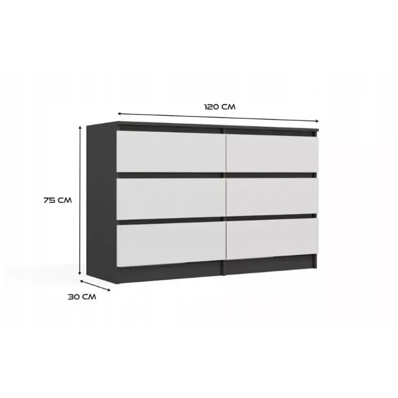 Kumode Top E Shop MALWA M6 120 cm, 6 atvilktnes, antracīta rāmis, baltas fasādes
