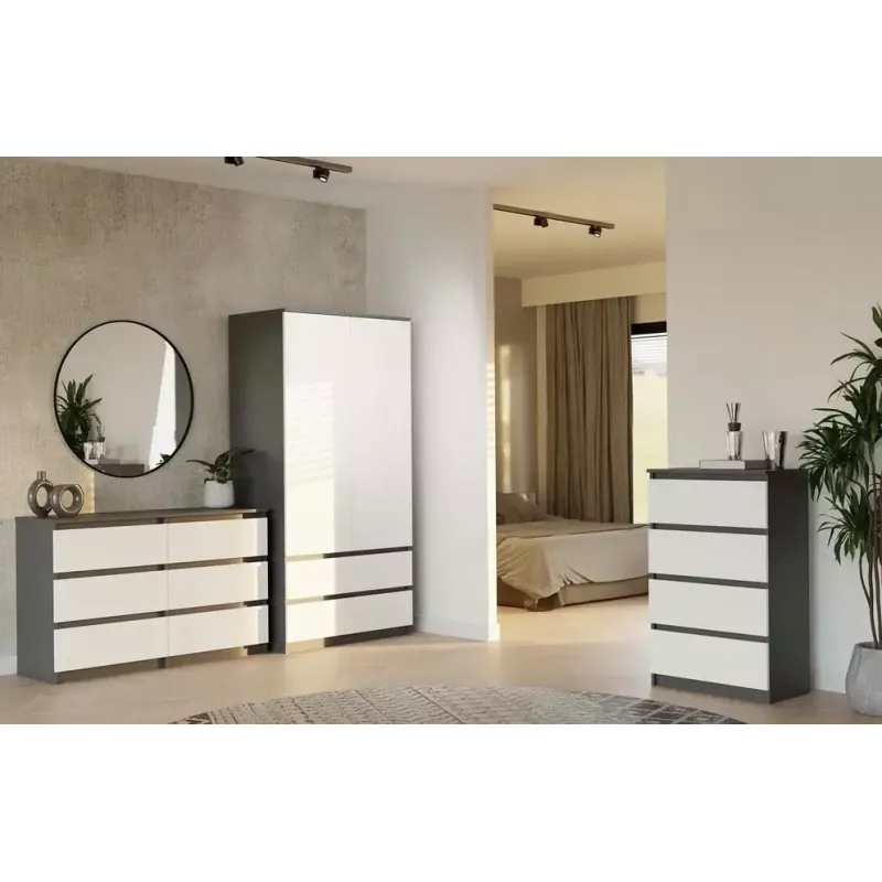 Kumode Top E Shop MALWA M6 120 cm, 6 atvilktnes, antracīta rāmis, baltas fasādes