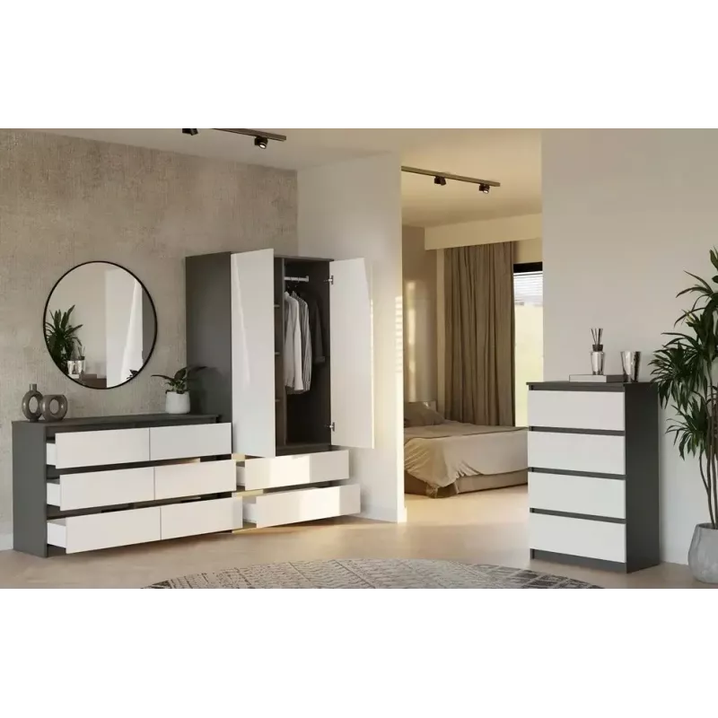 Kumode Top E Shop MALWA M6 120 cm, 6 atvilktnes, antracīta rāmis, baltas fasādes