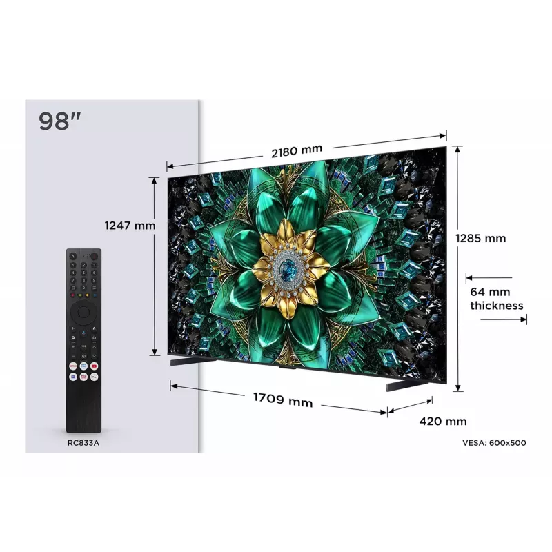 Televizors TCL 98 collas Q6C 4K Ultra HD QD-Mini LED 3840×2160, Google TV, 2.1ch, HDR10+