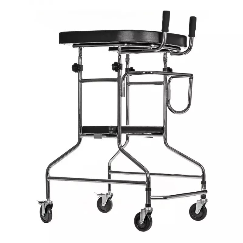 Rehabilitācijas augstais staigulītis ActionMed B200AM — balsts stāvēšanai ar sēdekli, 4 riteņi, regulējams augstums 100–125 cm, maks. slodze 120 kg, rāmja platums 65 cm
