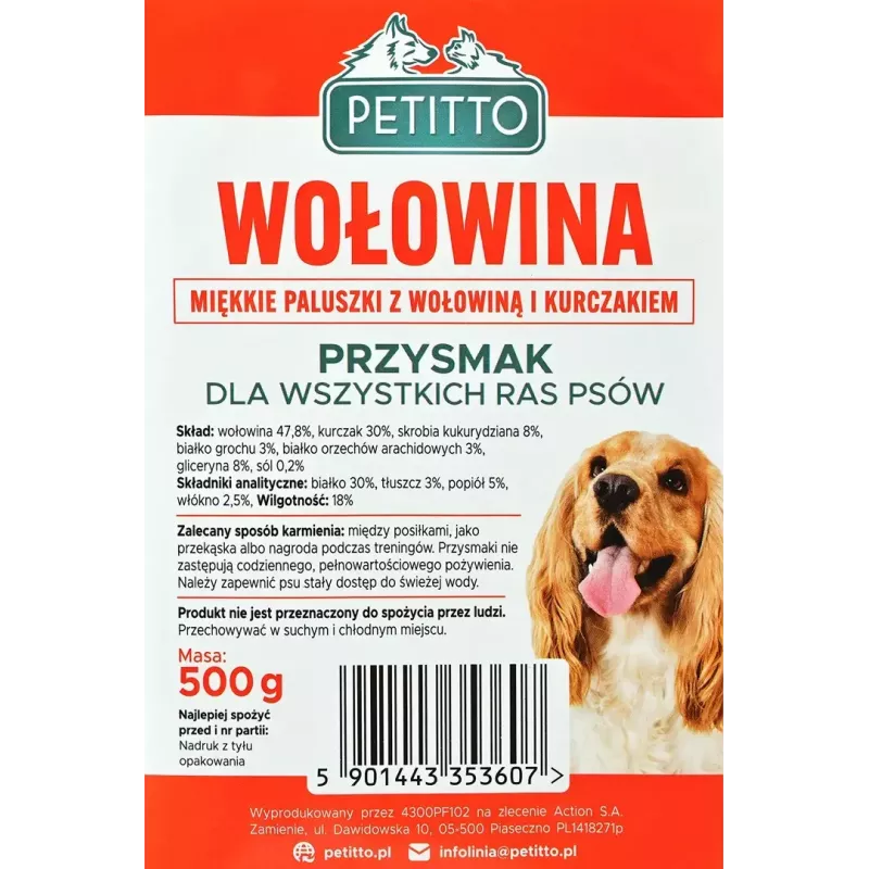 Suņu našķi PETITTO mīkstie liellopu gaļas stienīši 500 g — apmācības našķi, liellopu gaļas garša, bez graudiem, pieaugušiem suņiem