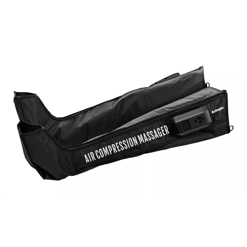 Limfātiskās kompresijas masieris kājām ActiveJet ACM-PLUS-A1 S — ar bateriju 25 W, iebūvēts akumulators, 330×840×60 mm, melns/oranžs