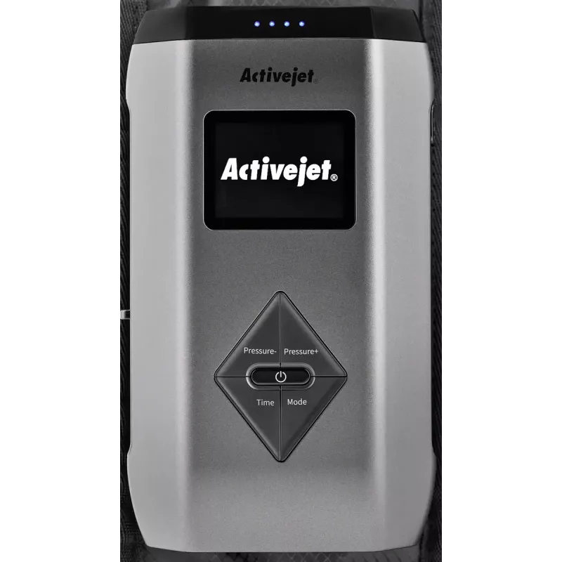 Limfātiskās kompresijas masieris kājām ActiveJet ACM-PLUS-A1 S — ar bateriju 25 W, iebūvēts akumulators, 330×840×60 mm, melns/oranžs