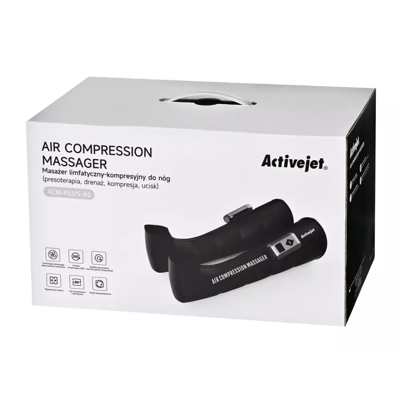 Limfātiskās kompresijas masieris kājām ActiveJet ACM-PLUS-A1 S — ar bateriju 25 W, iebūvēts akumulators, 330×840×60 mm, melns/oranžs