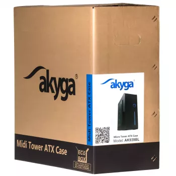 Datora korpuss Akyga AK939BL Midi Tower — ATX/Micro-ATX atbalsts, 3×3,5 collu + 3×2,5 collu nodalījumi, GPU līdz 385 mm, USB 2.0
