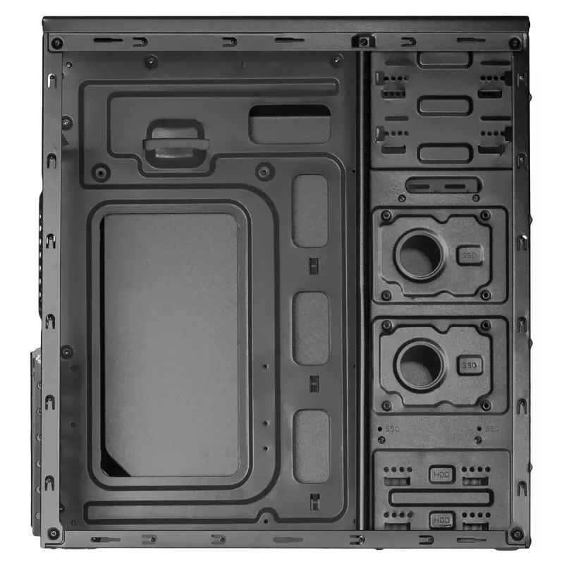 Datora korpuss Akyga AK939BL Midi Tower — ATX/Micro-ATX atbalsts, 3×3,5 collu + 3×2,5 collu nodalījumi, GPU līdz 385 mm, USB 2.0