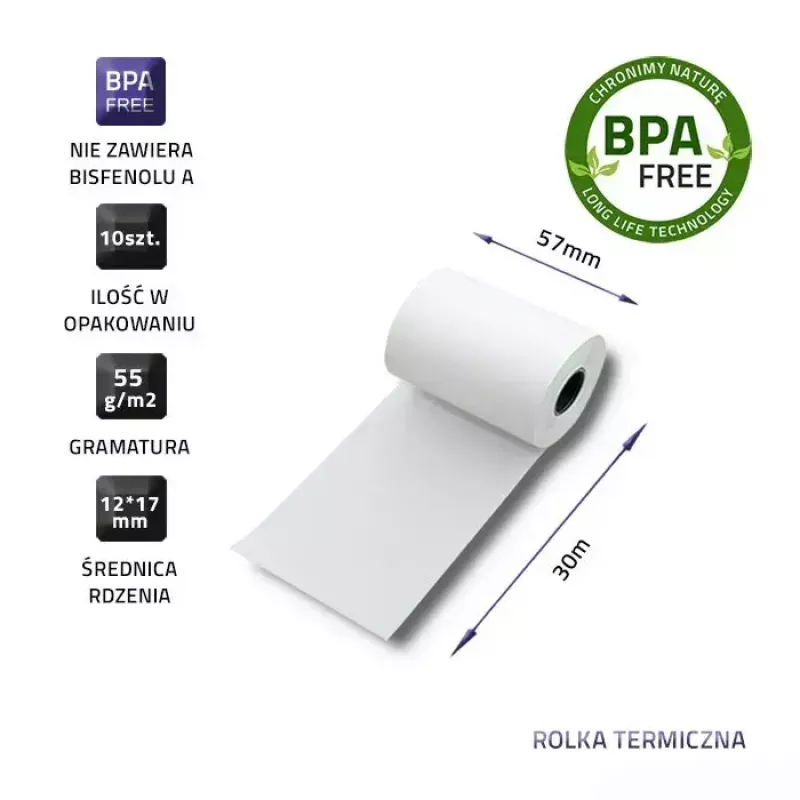 Termokvīts rullis QOLTEC 57 x 30 mm 55 g/m² bez BPA, serde 17 mm, 10 gab.