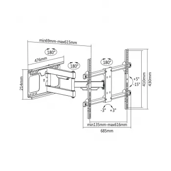 Sienas TV kronšteins Cabletech LEC-UCH0205 37–70 collu ekrāniem, VESA 600x400, slodze 60 kg, melns
